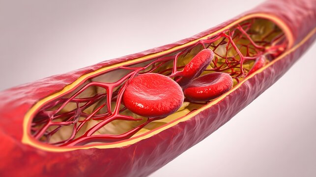Atherosclerosis Medical Illustration Showing Arterial Plaque Buildup, Cholesterol Deposits, Narrowed Blood Vessels, Restricted Blood Flow, Cardiovascular Disease Progression and Heart Health Concept