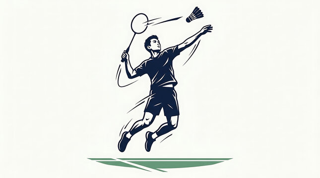 Man playing badminton hitting shuttlecock with racket during a jump during a sports match with dynamic motion lines