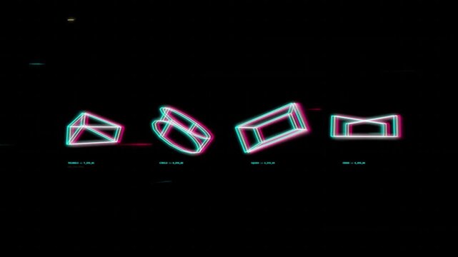 Neon glitch style 3d geometric shapes on black background