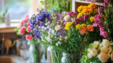 Naklejka premium A spring flowers arrangement in a kitchen, with freshly picked blooms placed on the windowsill in a jar.