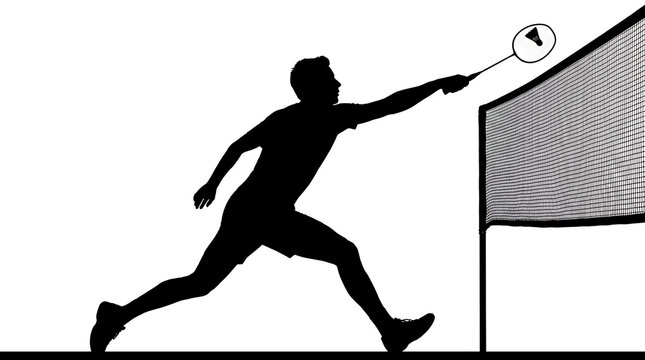 Man playing badminton striking shuttlecock over net during game in silhouette