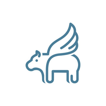 Hippo Wing Simple Line Art Logo &ndash; Minimalist Hippopotamus with Wings Illustration Creative Design Template 