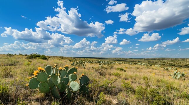 A sprawling Texas landscape with wideopen plains, blue skies, and scattered cacti.