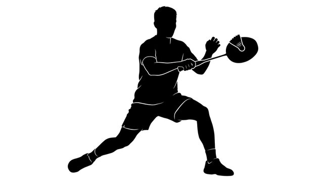 Man silhouette playing badminton during a match with dynamic pose and sharp focus on action