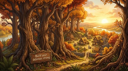 Obraz premium Enchanting autumn forest village nestled amongst giant ancient trees with a river and hills in the background during golden hour sunset