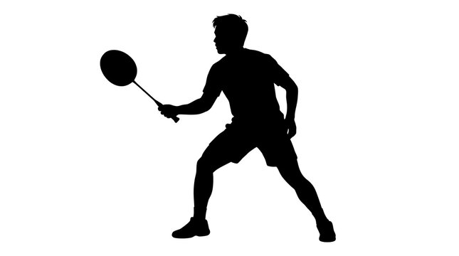 Man silhouetted playing badminton with racket poised during a match with motion blur