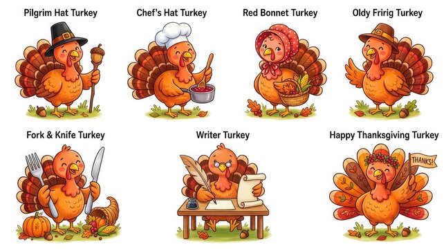 A delightful collection of charming thanksgiving turkeys each with a unique personality and style celebrating the autumn harvest and gratitude in canada
