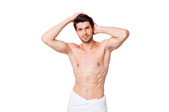 Portrait of masculine brutal macho man have hairstylist hygiene procedure touch clean haircut enjoy anti dander shampoo white towel isolated grey color background
