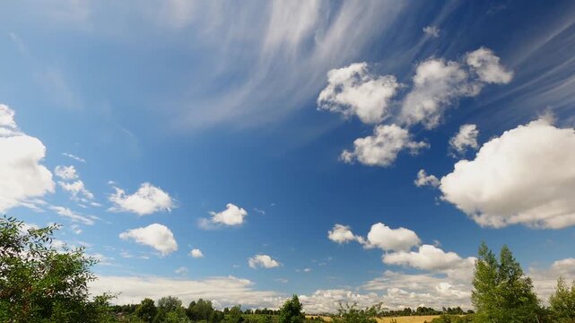 Volumetric White Summer Clouds Moving Across Blue Sky Above Flat Distant Horizon, Natural Cloudscape Timelapse
