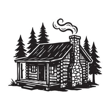 Rustic Log Cabin with Smoking Chimney in Pine Forest, Vintage Hand-Drawn Illustration vector icon