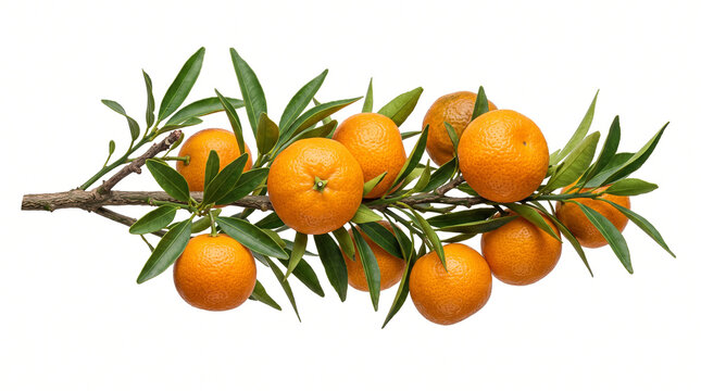 Ultra-realistic fruiting branch carrying several small ripe orange fruits among narrow green leaves, natural brown twigs, realistic citrus peel texture and subtle surface highlights