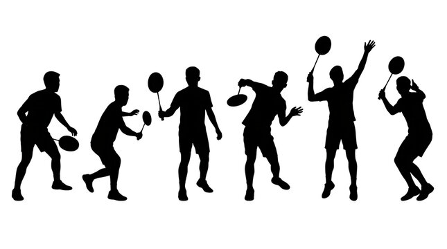Multiple male athletes in silhouette playing badminton with dynamic poses and rackets against a plain setting