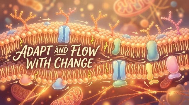 Cell membrane with proteins and mitochondria, visualizing cellular processes and adaptation to change
