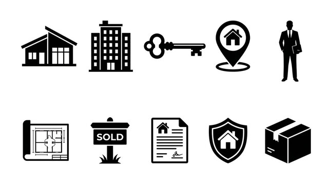 Real estate icons for property sale and building development concepts with minimalist design