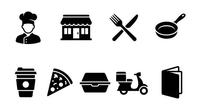 Restaurant business icons including chef shop cutlery pan coffee pizza delivery and menu with simple flat design