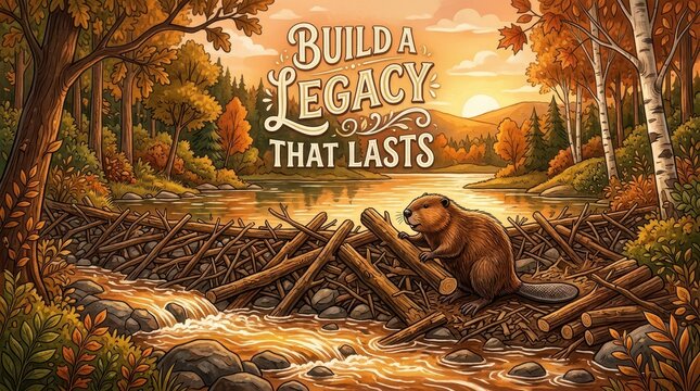 Beaver building a dam in a vibrant autumn forest, symbolizing hard work, perseverance, and building a lasting legacy.
