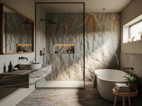 Modern luxury bathroom with stone wall and bathtub