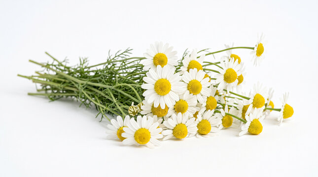 Photorealistic delicate bunch of fresh chamomile flowers with clean white petals, sunny yellow centers, slender green stems and fine leaves,