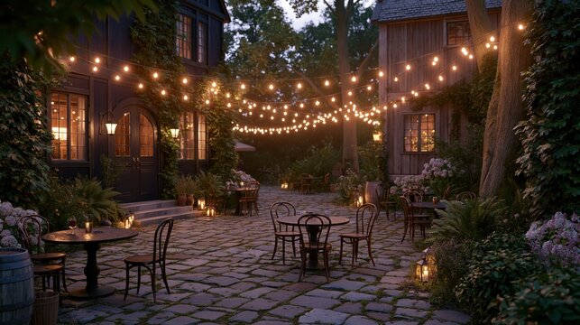 Outdoor cafe patio with string lights during twilight creating a cozy romantic ambiance for dining
