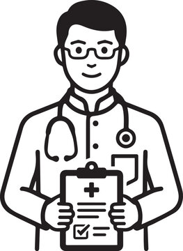 Male Doctor Holding Medical Report Clipboard Line Art Vector Icon