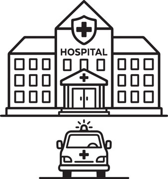 Hospital Building with Emergency Ambulance Vehicle Line Art Vector Icon