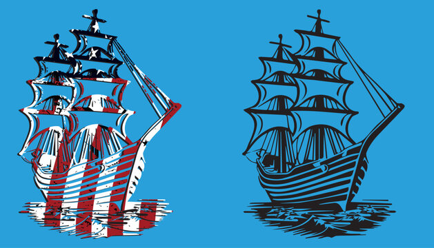 vector illustration of an old church, American Flag Sailing Ship Silhouette Vector Illustration Set