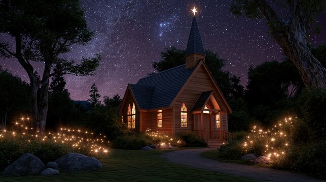 Small wooden church nestled amongst trees with warm lights under a starry night sky concept of peace and serenity
