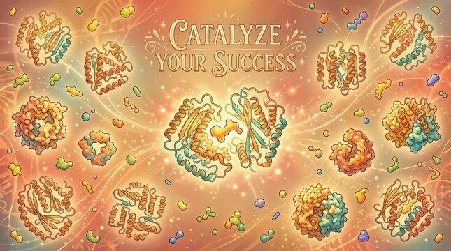 Conceptual illustration of protein structures, enzymes, and molecules symbolizing catalysis and scientific success with inspirational text.
