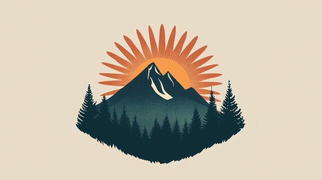 A stylized wilderness logo with a mountain silhouette, pine trees, and a sunburst.