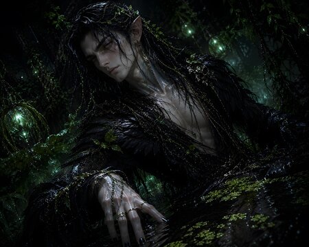 Fantasy portrait of a surreal dark elf inspired by a black swan, dark silk like hair, wearing a cloak of black feathers, emerging from a mysterious marsh at dusk 