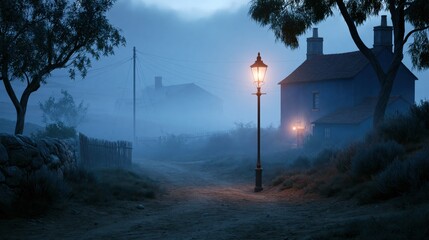 Obraz premium Vintage gas lamp illuminates a foggy rural village path during twilight with stone cottages in the background