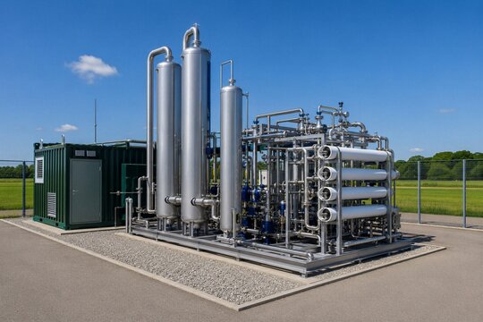 Industrial biogas installation with filtration systems and machinery units under blue sky