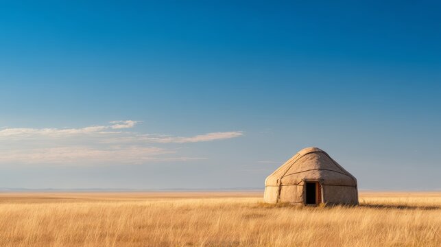 Traditional Kazakh Yurt Standing Alone Across Vast Golden Steppe Beneath Clear Blue Sky in Kazakhstan