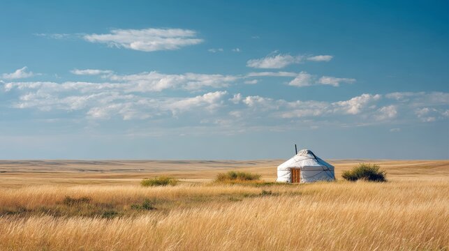 Traditional Kazakh Yurt Standing Alone Across Vast Golden Steppe Beneath Clear Blue Sky in Kazakhstan