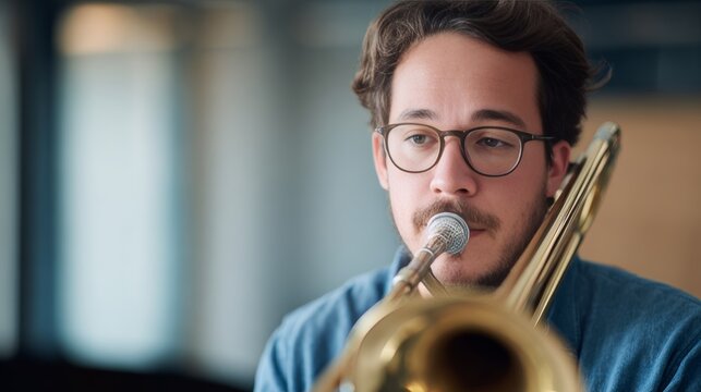 Focused Male Trombone Player Practicing Brass Instrument During Professional Rehearsal in Modern Music Studio Environment