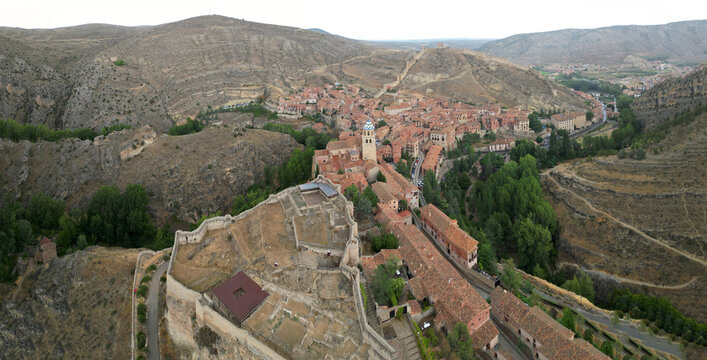 Aerial Panorama of Medieval Albarracin and Ancient City Walls at Sunset, Aragon, Spain