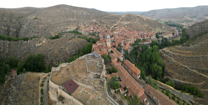 Aerial Panorama of Medieval Albarracin and Ancient City Walls at Sunset, Aragon, Spain
