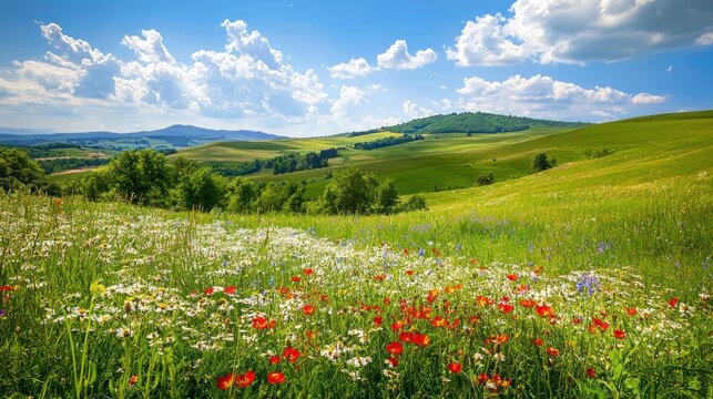 A summer countryside landscape with rolling hills, green meadows, and colorful wildflowers.