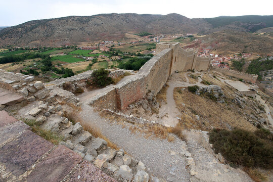 Aerial Panorama of Medieval Albarracin and Ancient City Walls at Sunset, Aragon, Spain