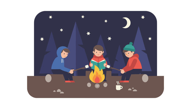 Happy children sitting around a cozy campfire roasting marshmallows and reading a book under a starry night sky.