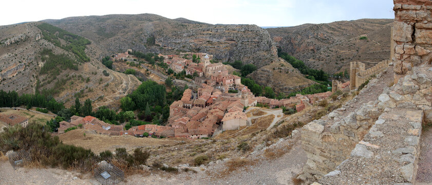 Aerial Panorama of Medieval Albarracin and Ancient City Walls at Sunset, Aragon, Spain