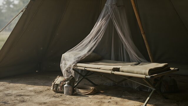 Rustic camping interior with cot and mosquito netting in tent