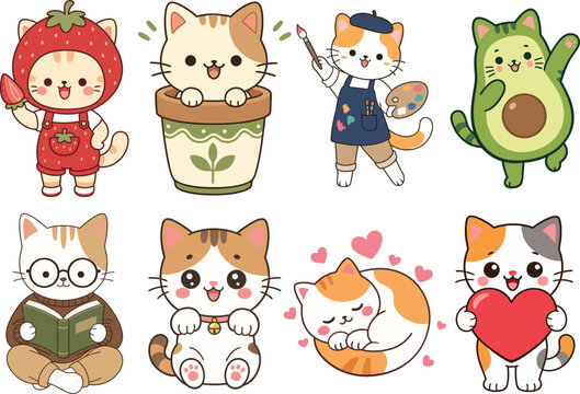 Eight cartoon cats dressed as fruits plants and with accessories on a white background feline