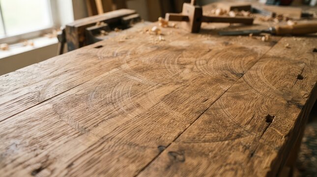 Rustic wooden workbench with carpentry tools