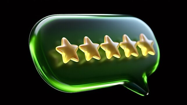 Five shiny golden stars inside a glossy green speech bubble representing customer satisfaction, top quality review, and excellent feedback for product or service evaluation