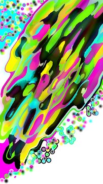 Diagonal abstract splash in neon green, pink, yellow and cyan with scattered bubble particles on white. Energetic liquid texture with negative space. Not AI-generated. Original artwork created by myse