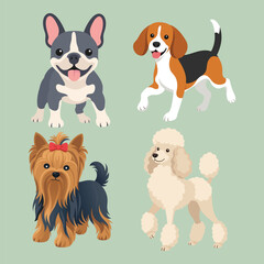 Obraz premium Four canine breeds are depicted in a colorful vector illustration against a pale green backdrop