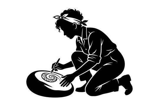 Silhouette of woman artist drawing intricate patterns on stone vector illustration