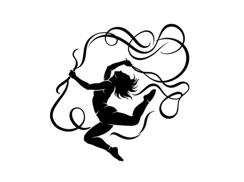 Silhouette of rhythmic gymnast performing with ribbon vector illustration