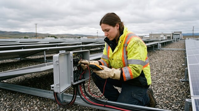 A technician works on solar panels, ensuring efficient energy production and maintenance in a renewable energy installation.